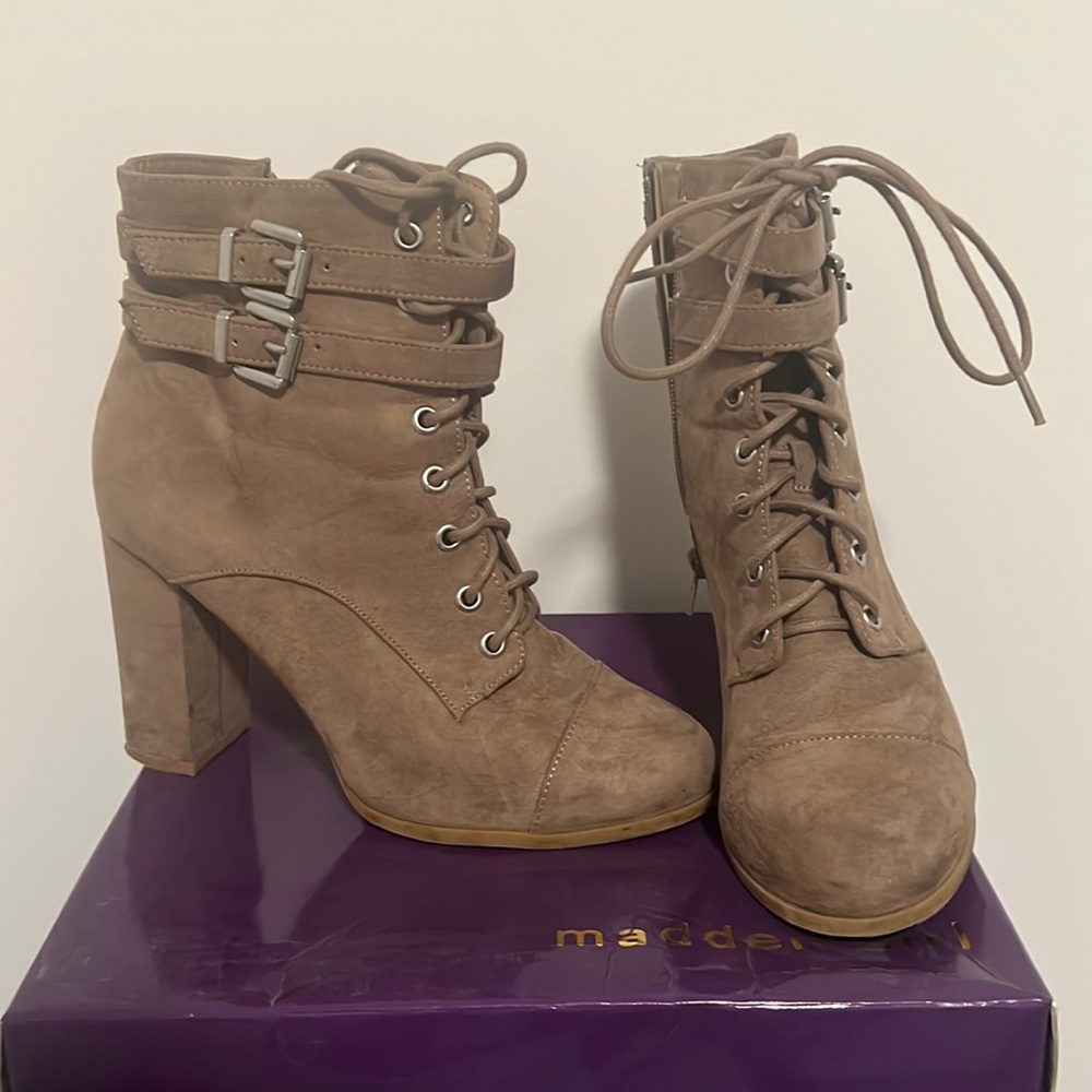 Madden Girl Taupe Lace Up Suede Heeled Bootie